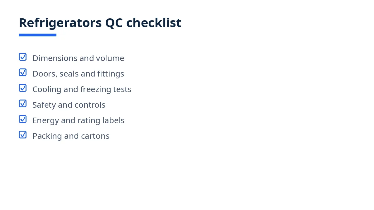 Diagram of the refrigerators QC checklist with six blocks, from dimensions to packing
