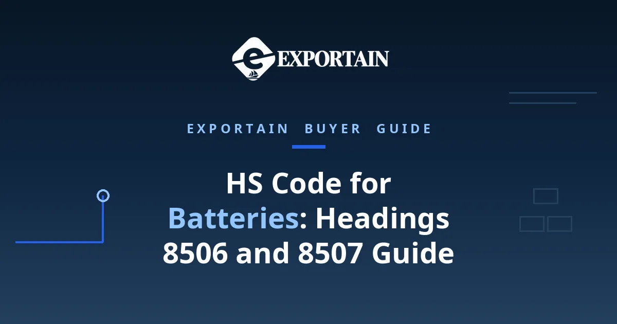 Navy title card: HS Code for Batteries classification guide, headings 8506 and 8507