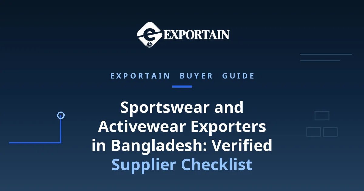 Navy title card: Sportswear and Activewear Exporters in Bangladesh, supplier checklist