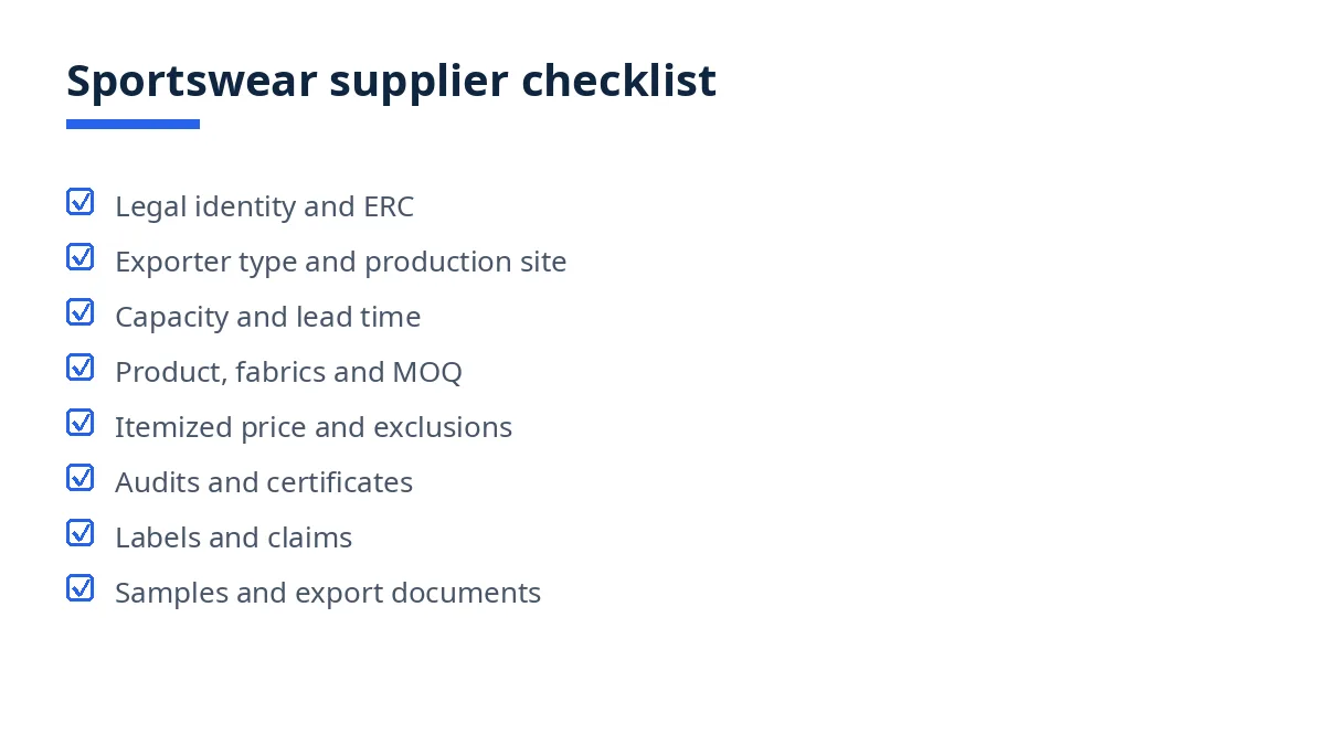 Diagram of the sportswear supplier checklist with eight blocks, from legal identity to export documents