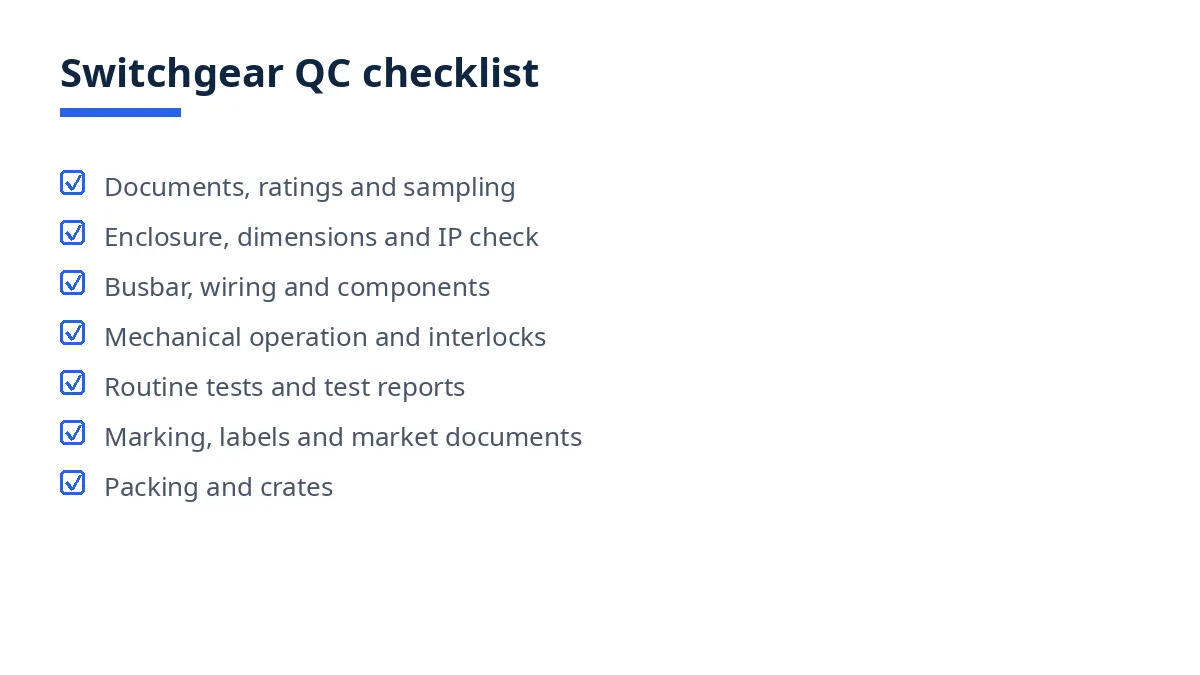 Diagram of the switchgear QC checklist with seven blocks, from documents to packing