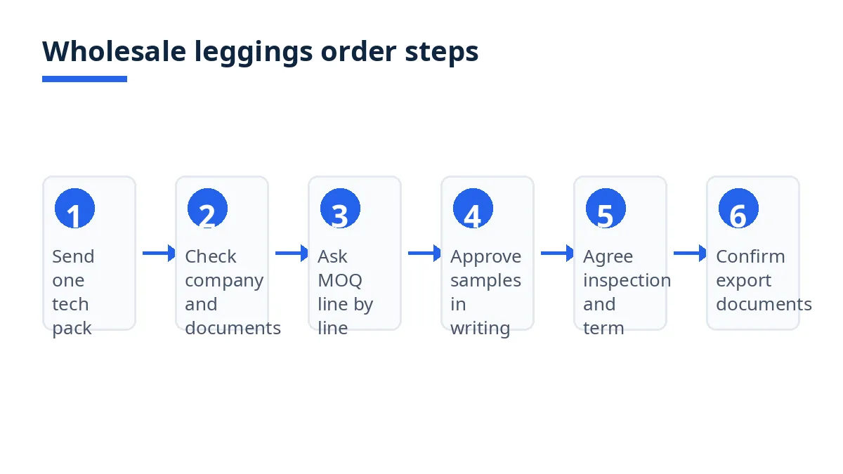 Diagram: six wholesale leggings order steps from tech pack to shipment