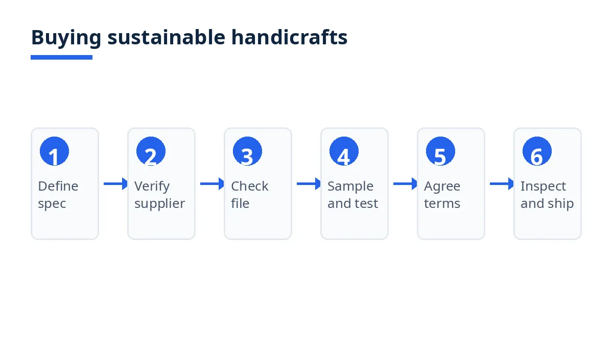 Diagram: six steps of buying sustainable handicrafts from Bangladesh, from specification to inspection and shipment