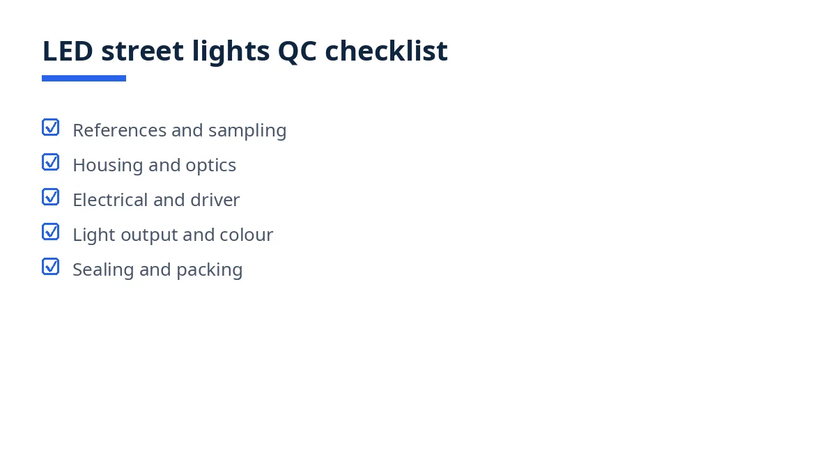 Diagram of the LED street lights QC checklist with five blocks, from references to sealing and packing