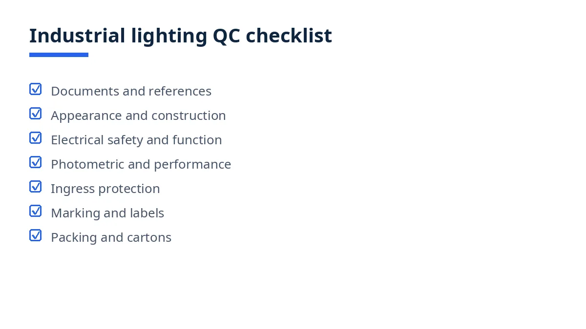 Diagram of the industrial lighting QC checklist with seven blocks, from documents to packing