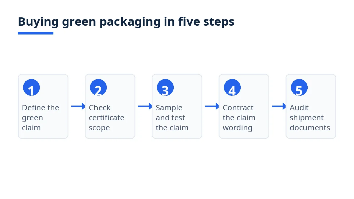 Diagram: five steps of buying green packaging from Bangladesh, from defining the claim to auditing shipment documents