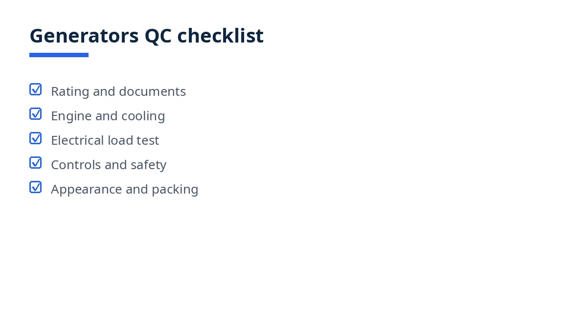Diagram of the generators QC checklist with five blocks, from rating to packing