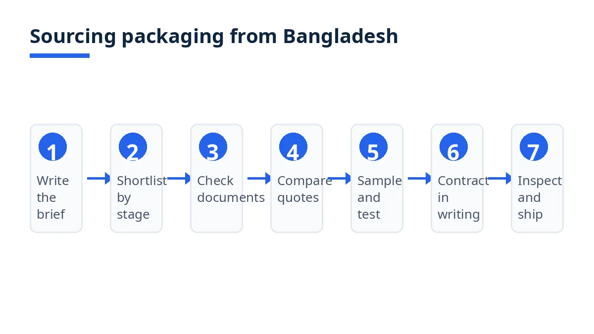 Diagram: seven steps for sourcing packaging from Bangladesh, from brief to inspection and shipment