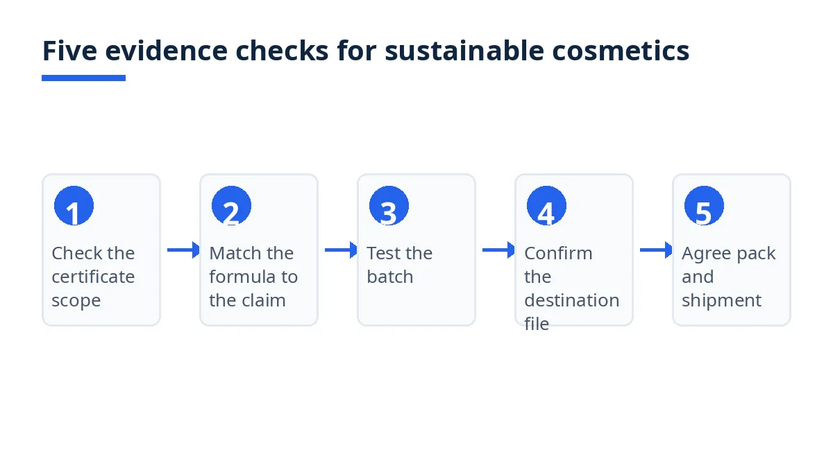 Diagram: five evidence checks for sustainable cosmetics, from certificate scope to destination file