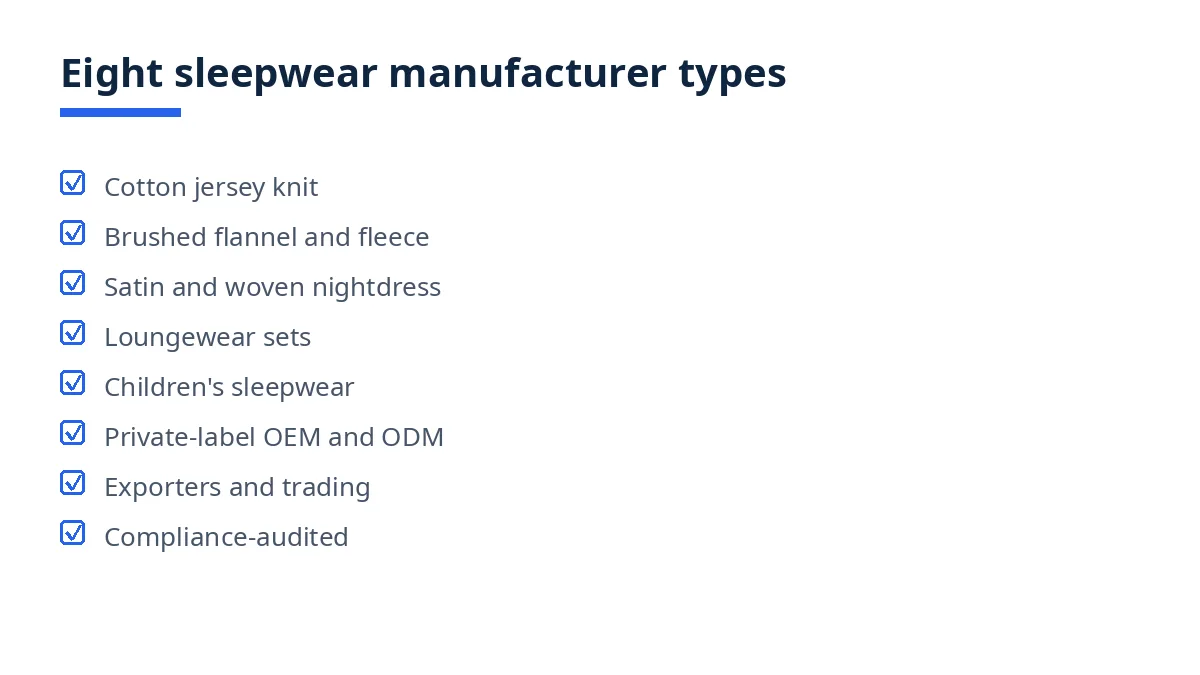 Diagram: eight types of pajamas and sleepwear manufacturers in Bangladesh