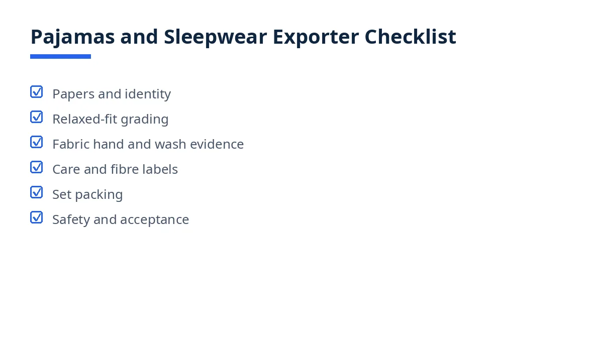 Diagram of the pajamas and sleepwear exporter checklist, from papers to acceptance