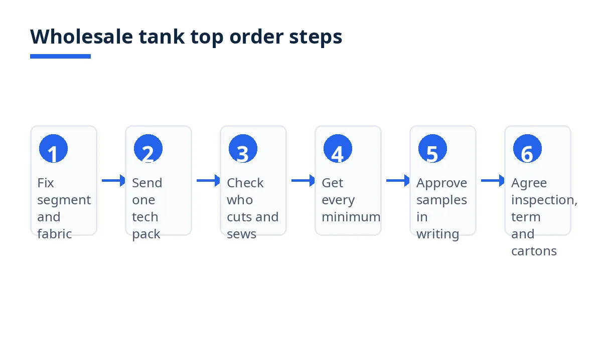Diagram: six steps for a wholesale tank top order, from segment to carton assortment