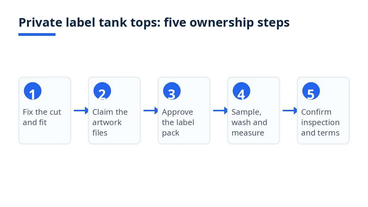 Diagram: five steps to own a private label tank top order, from cut and fit to inspection