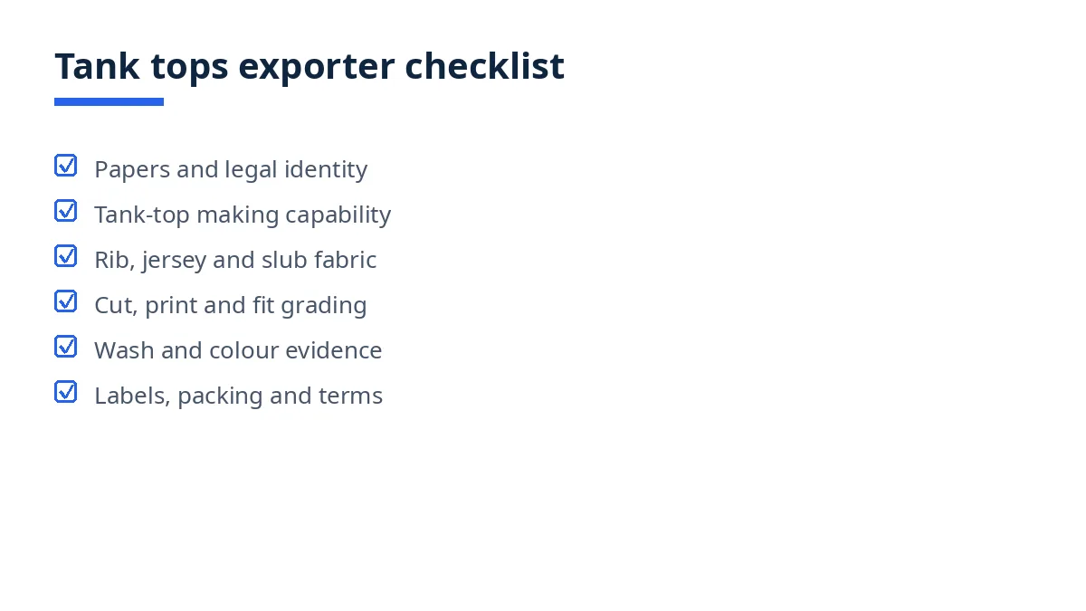 Diagram of the tank tops exporter checklist, from papers to labels and packing