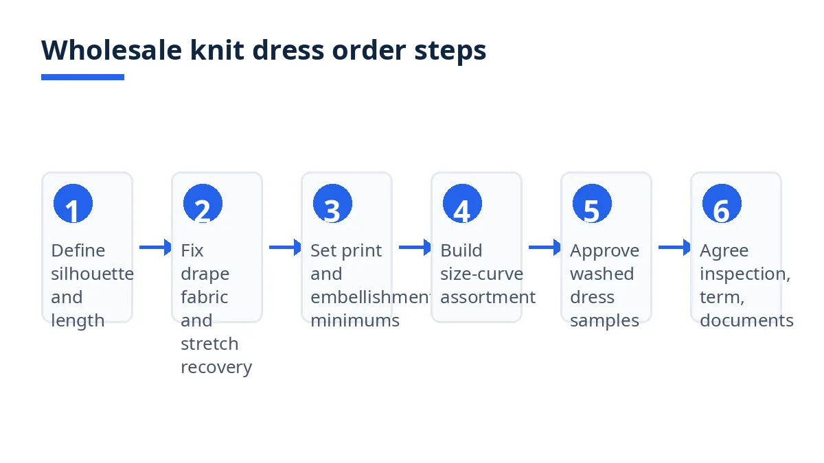 Diagram: six wholesale knit dress order steps from silhouette to shipment