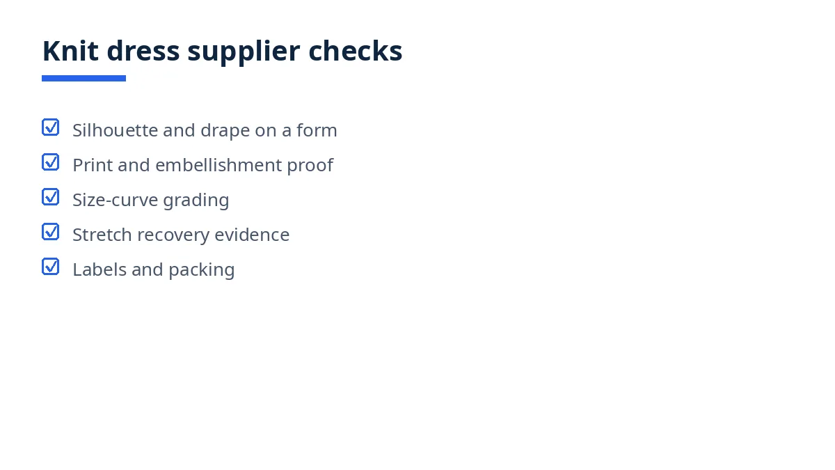 Diagram of knit dress supplier checks: silhouette, print, grading, stretch recovery, labels