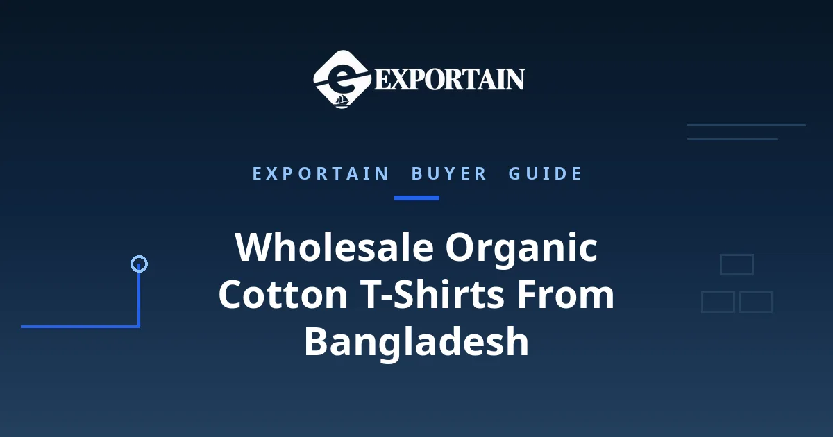 Navy title card: Wholesale Organic Cotton T-Shirts From Bangladesh, GOTS checks, MOQ and dye minimums