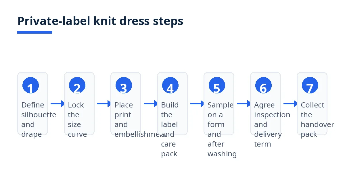 Diagram: seven steps to specify a private-label knit dress, from silhouette to handover