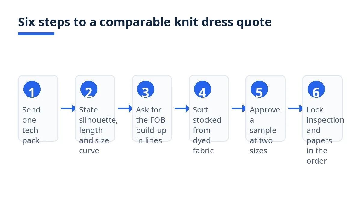 Diagram: six steps to a comparable FOB quote for knit dresses