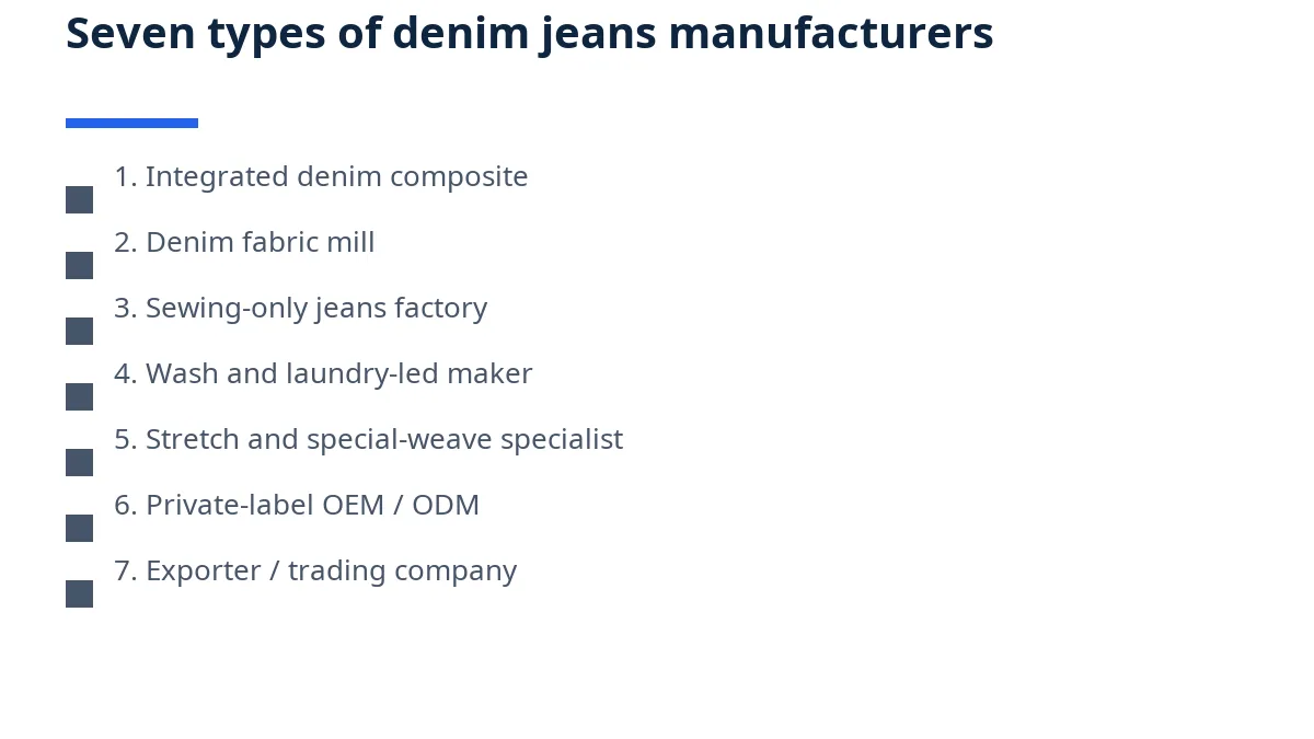 Diagram: seven types of denim jeans manufacturers in Bangladesh