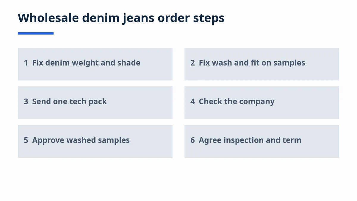 Diagram: six wholesale denim jeans order steps from denim choice to shipment