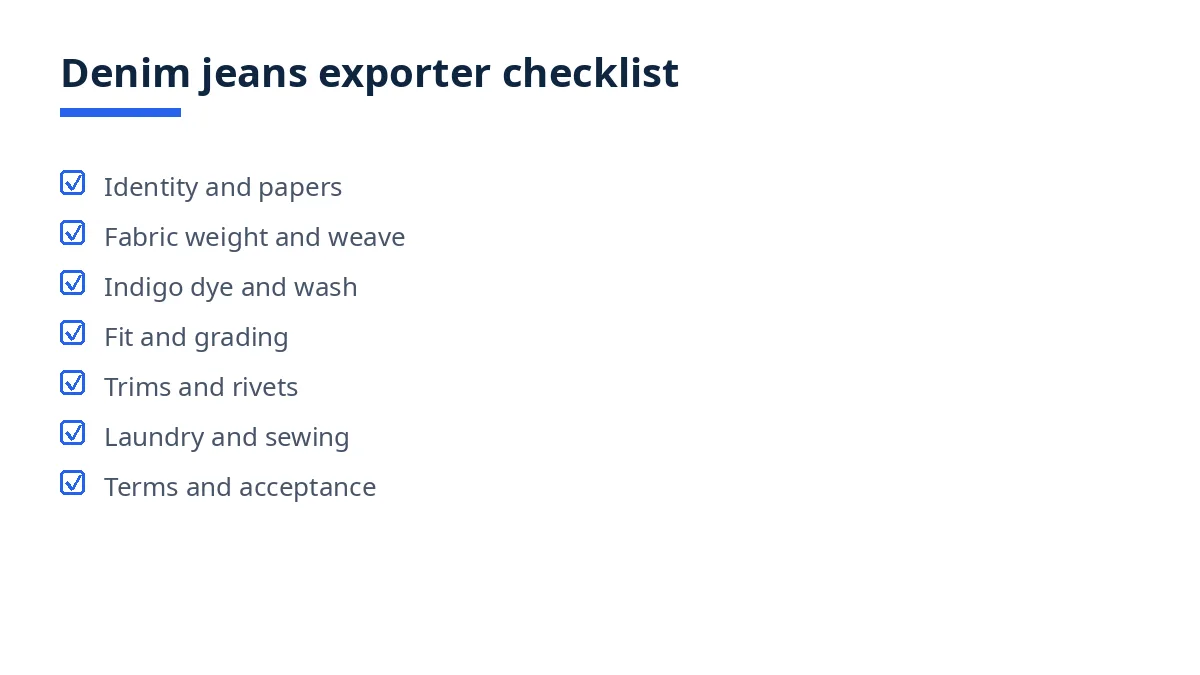 Diagram of the denim jeans exporter checklist with seven blocks, from papers to terms