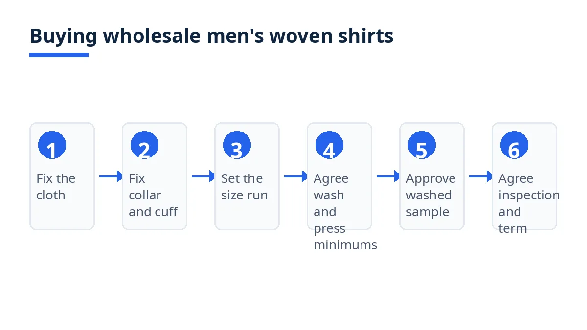 Diagram: six steps to buy wholesale men's woven shirts, from cloth to inspection