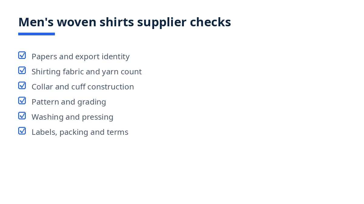 Diagram of the men's woven shirts supplier checklist, from papers to labels and terms