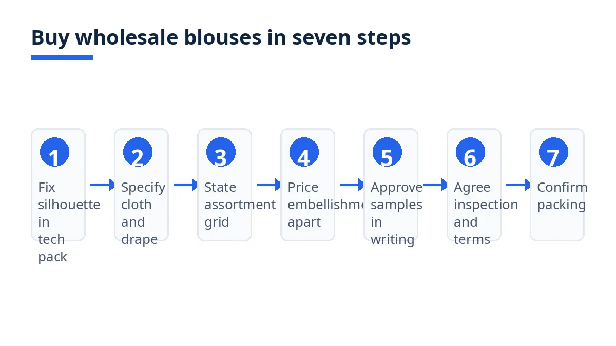 Diagram: seven steps to buy wholesale women's blouses, from tech pack to packing