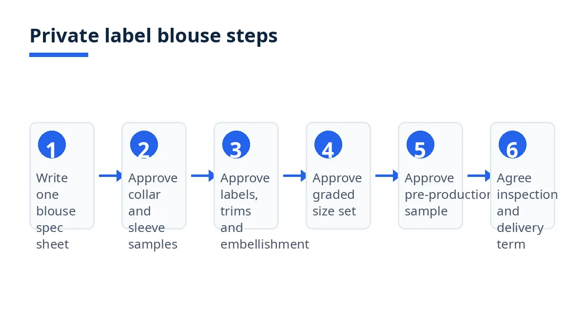 Diagram: six steps for a private label blouse, from spec sheet to inspection