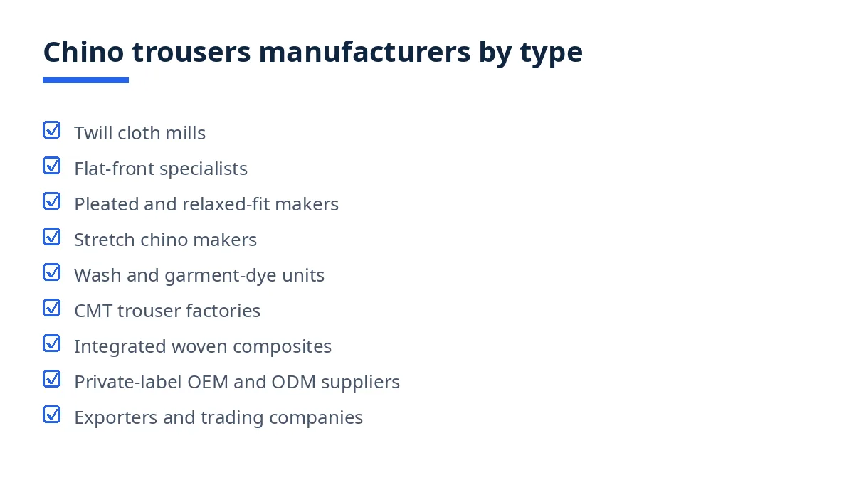 Diagram: nine types of chino trousers manufacturers in Bangladesh