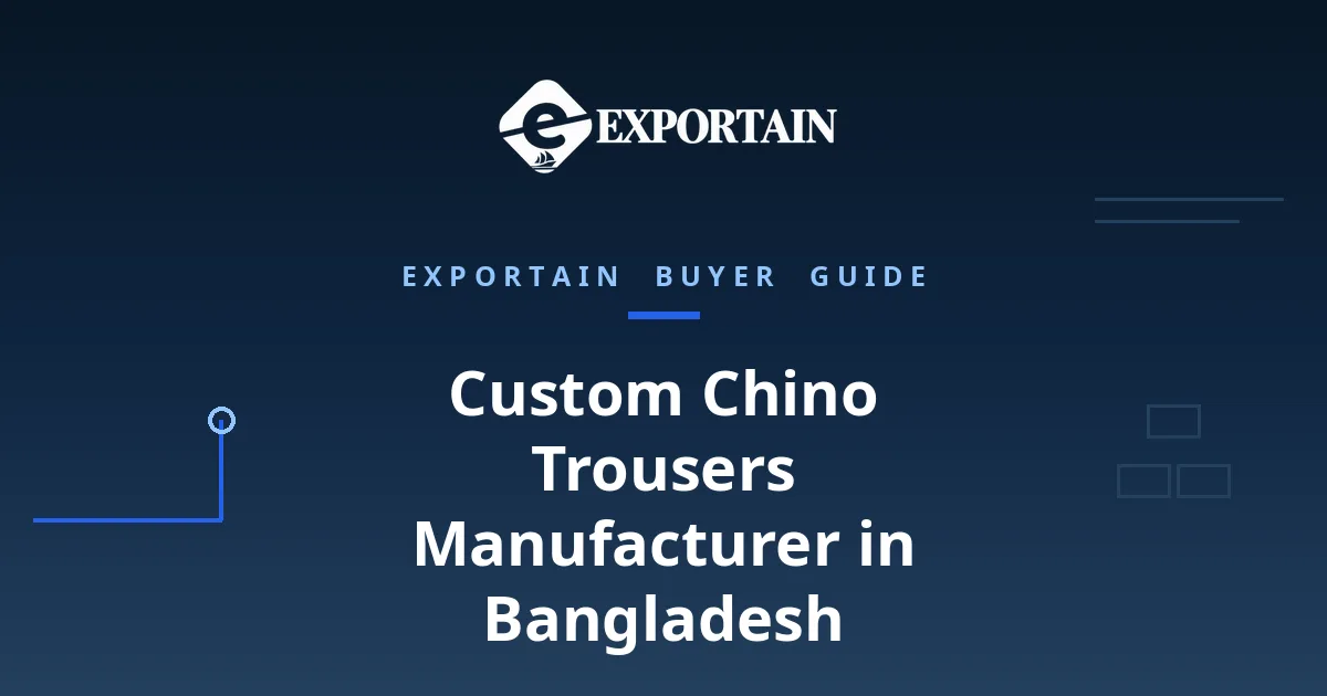 Navy title card: Custom Chino Trousers Manufacturer in Bangladesh, OEM process from tech pack to bulk