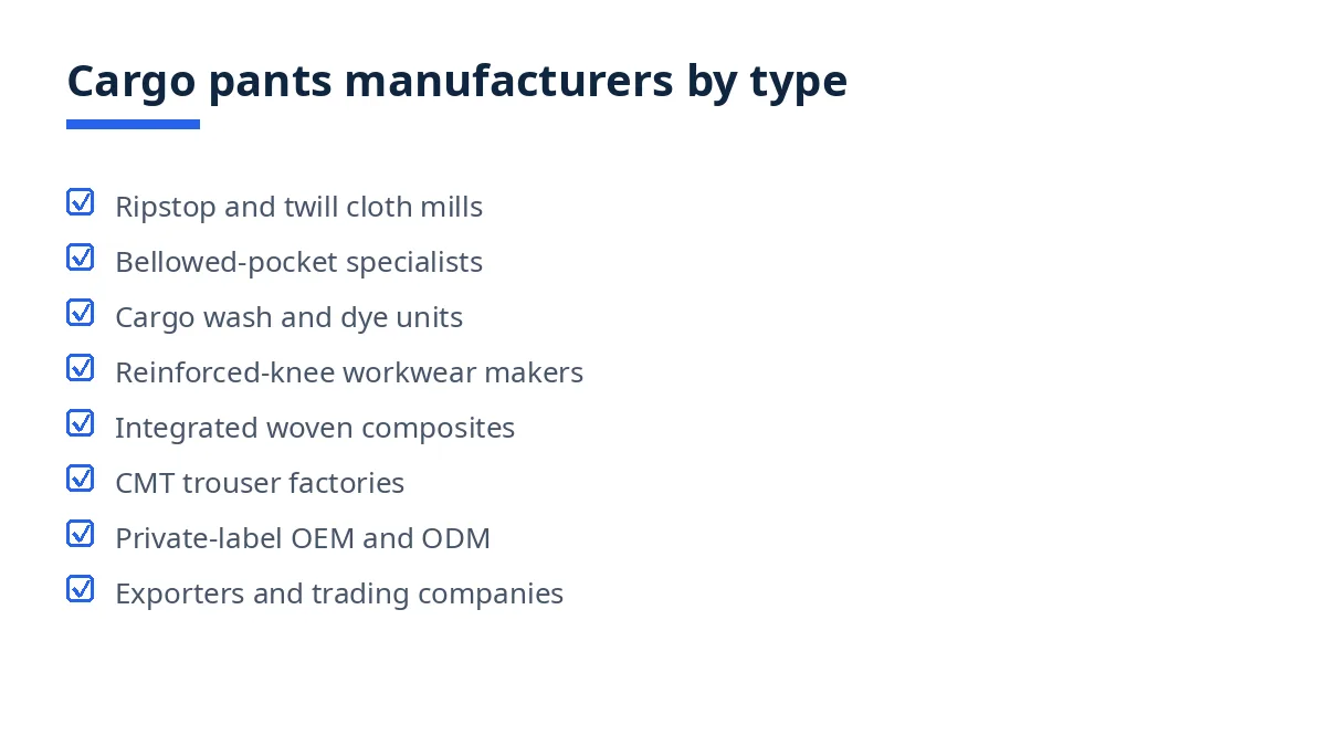 Diagram: eight types of cargo pants manufacturers in Bangladesh