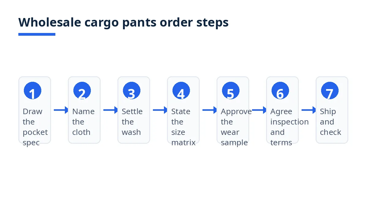 Diagram: seven steps to buy wholesale cargo pants, from pocket spec to shipment