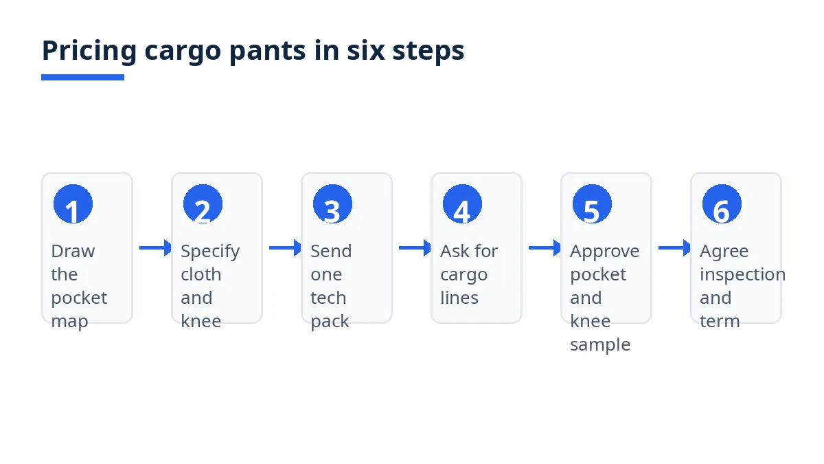 Diagram: six steps to price cargo pants, from pocket map to inspection