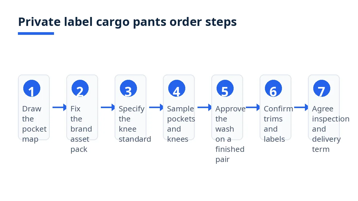 Diagram: seven steps for a private label cargo pants order, from pocket map to bulk inspection