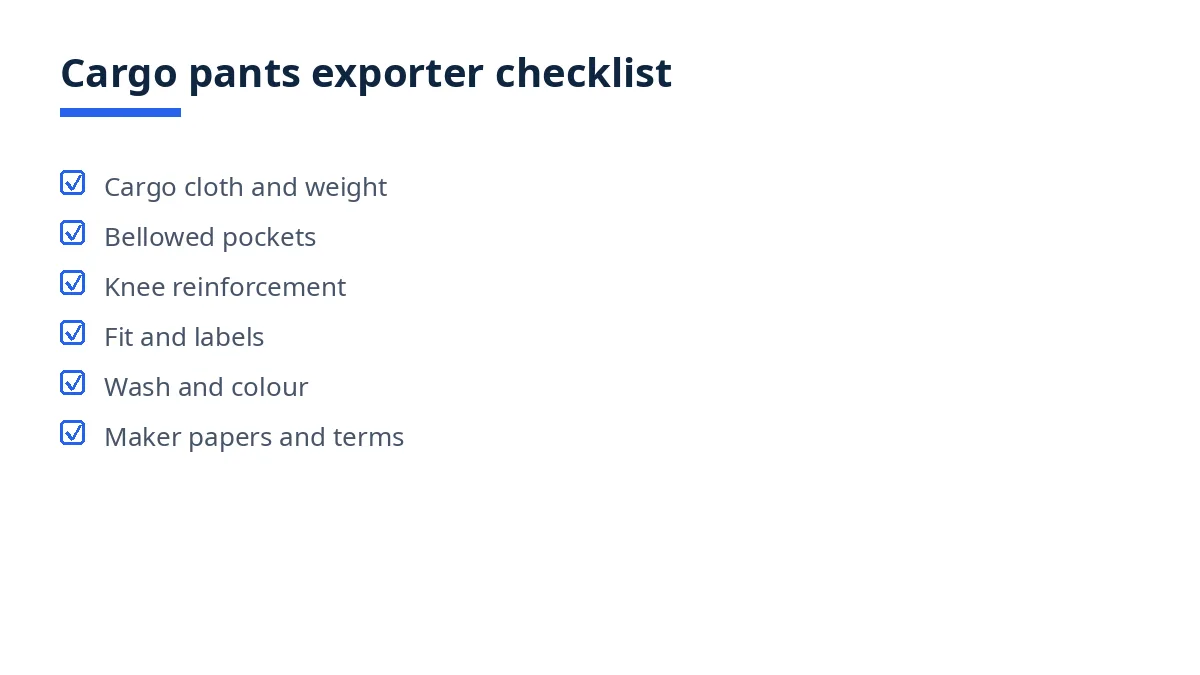 Diagram of the cargo pants exporter checklist, from cloth checks to acceptance