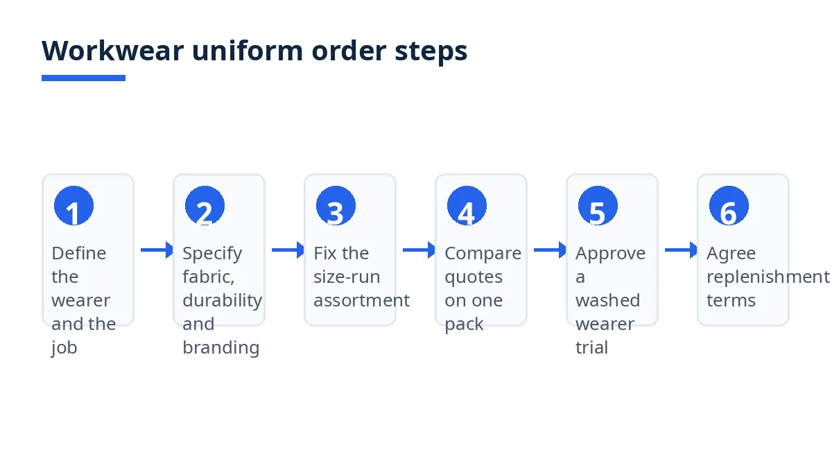 Diagram: six workwear uniform order steps, from wearer brief to replenishment
