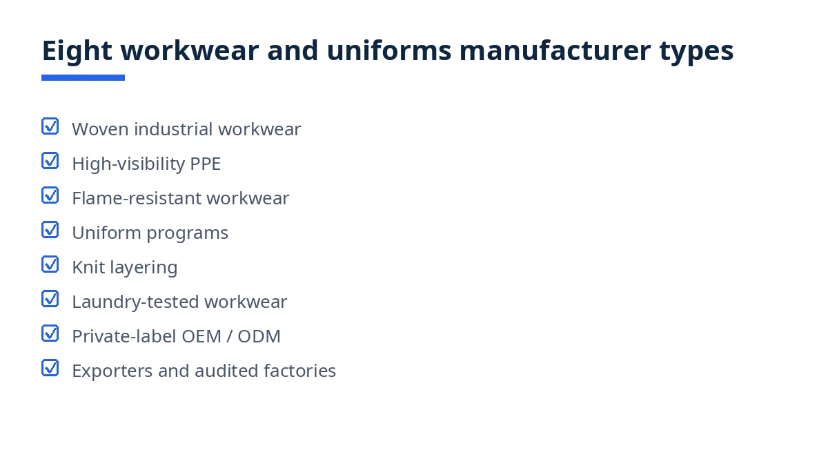 Diagram: eight types of workwear and uniforms manufacturers in Bangladesh