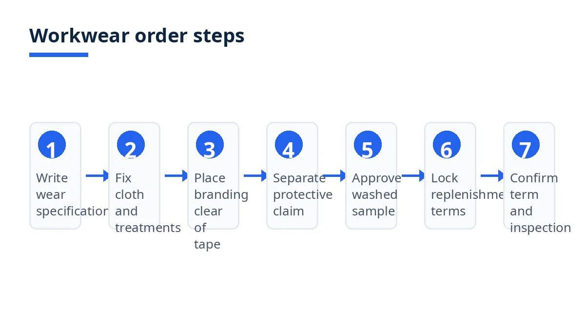 Diagram: seven workwear order steps, from wear specification to term and inspection