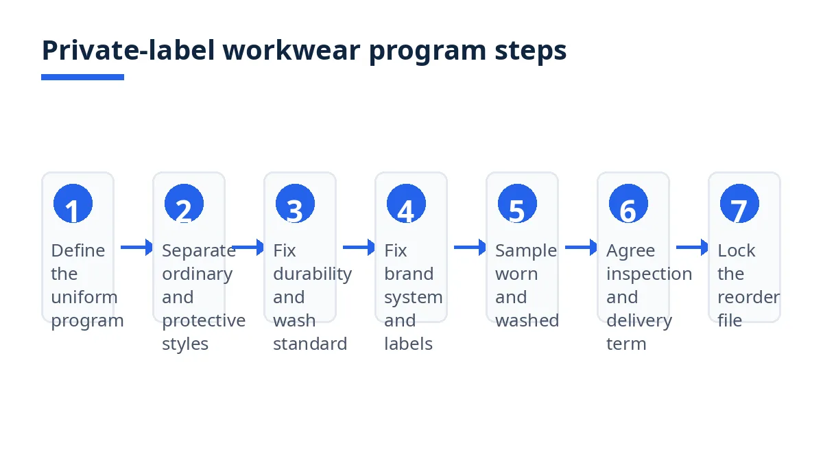 Diagram: seven steps for a private-label workwear program, from program definition to locked reorder file