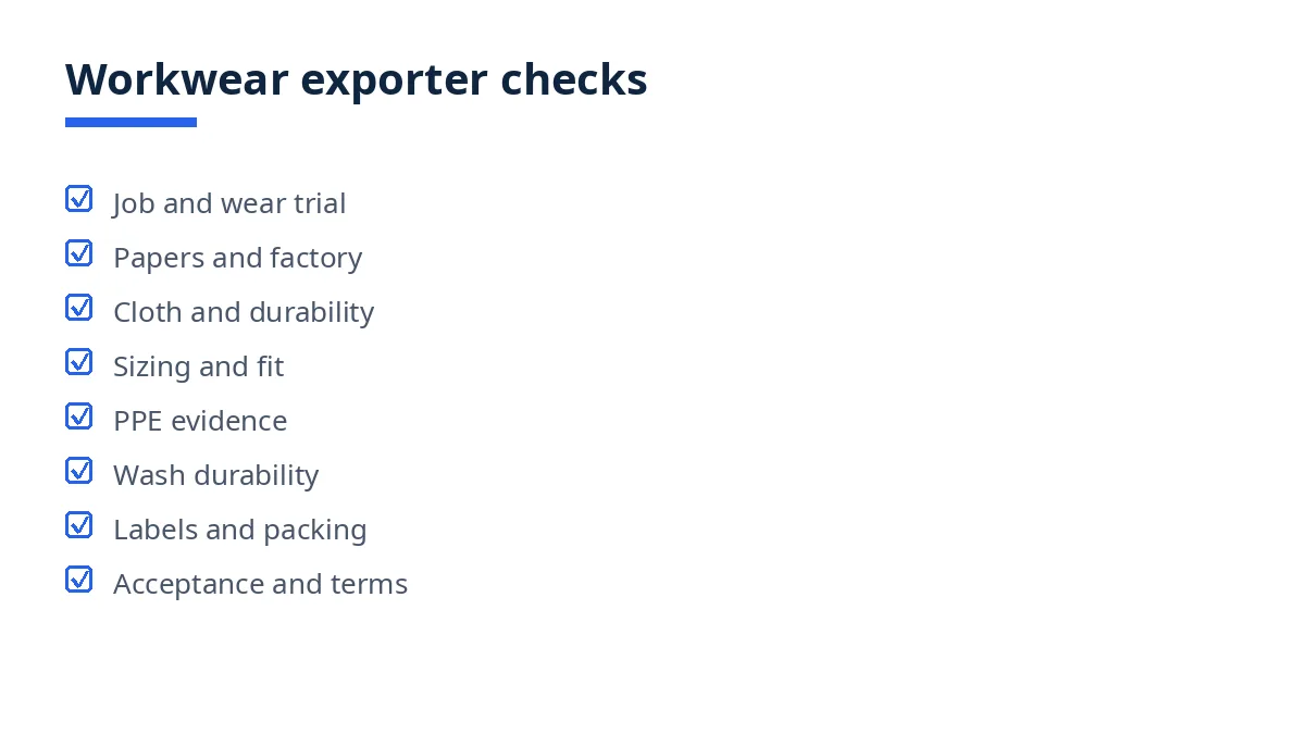 Diagram of the workwear and uniforms exporter checklist, from job and wear trial to acceptance and terms
