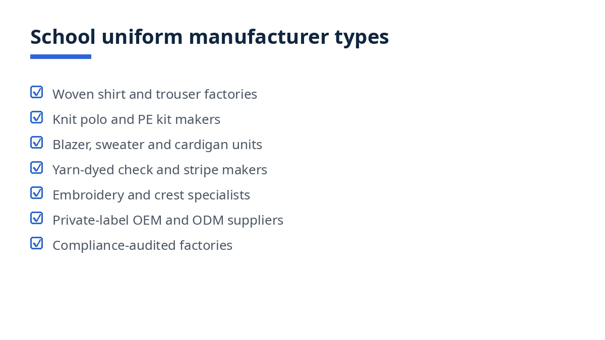 Diagram: seven types of school uniforms manufacturers in Bangladesh
