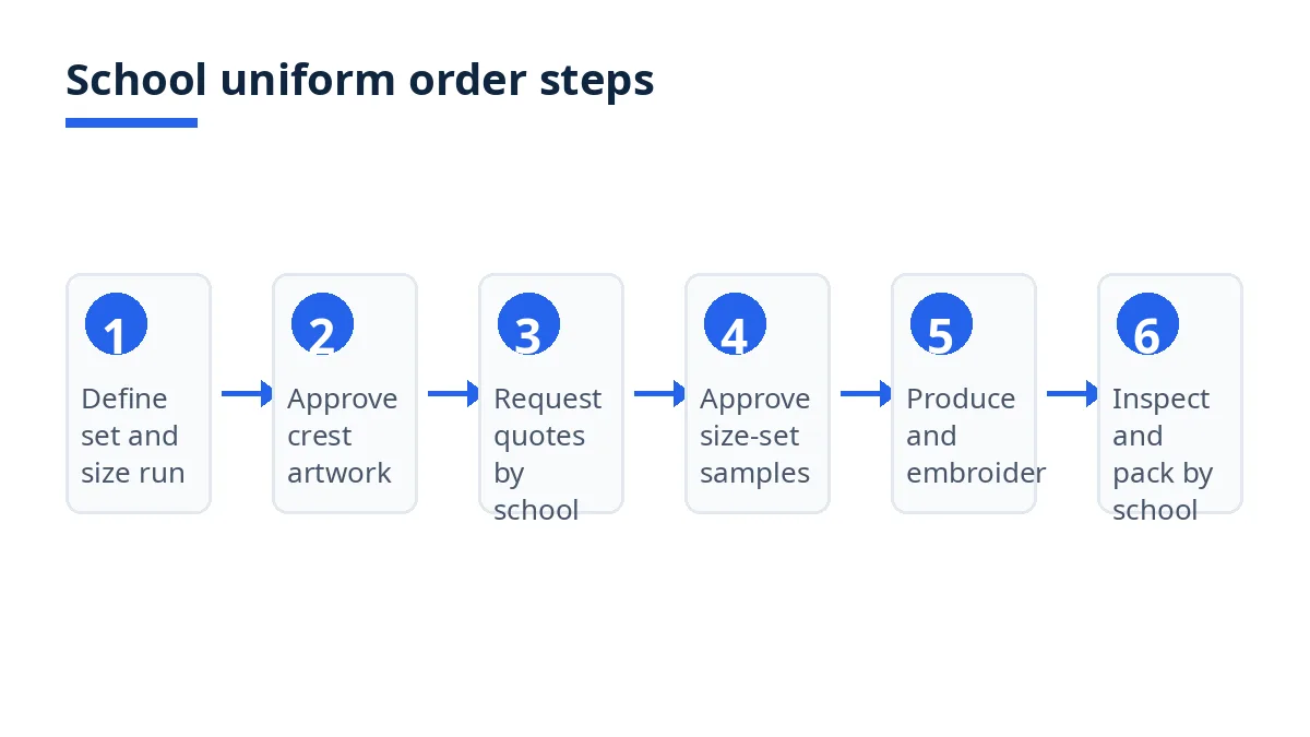 Diagram: six school uniform order steps, from size run to packing by school