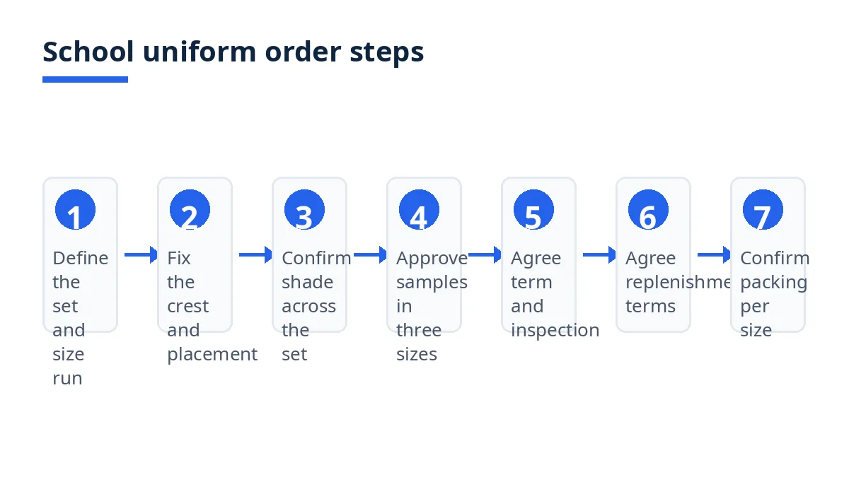 Diagram: seven steps to order school uniforms, from set definition to packing