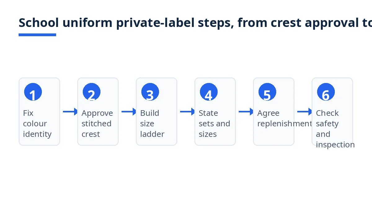 Diagram: six school uniform private-label steps, from colour identity to safety and inspection