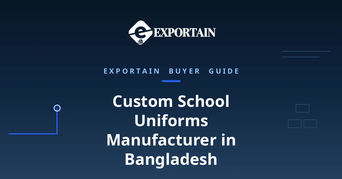 Navy title card: Custom School Uniforms Manufacturer in Bangladesh, OEM process from tech pack to bulk