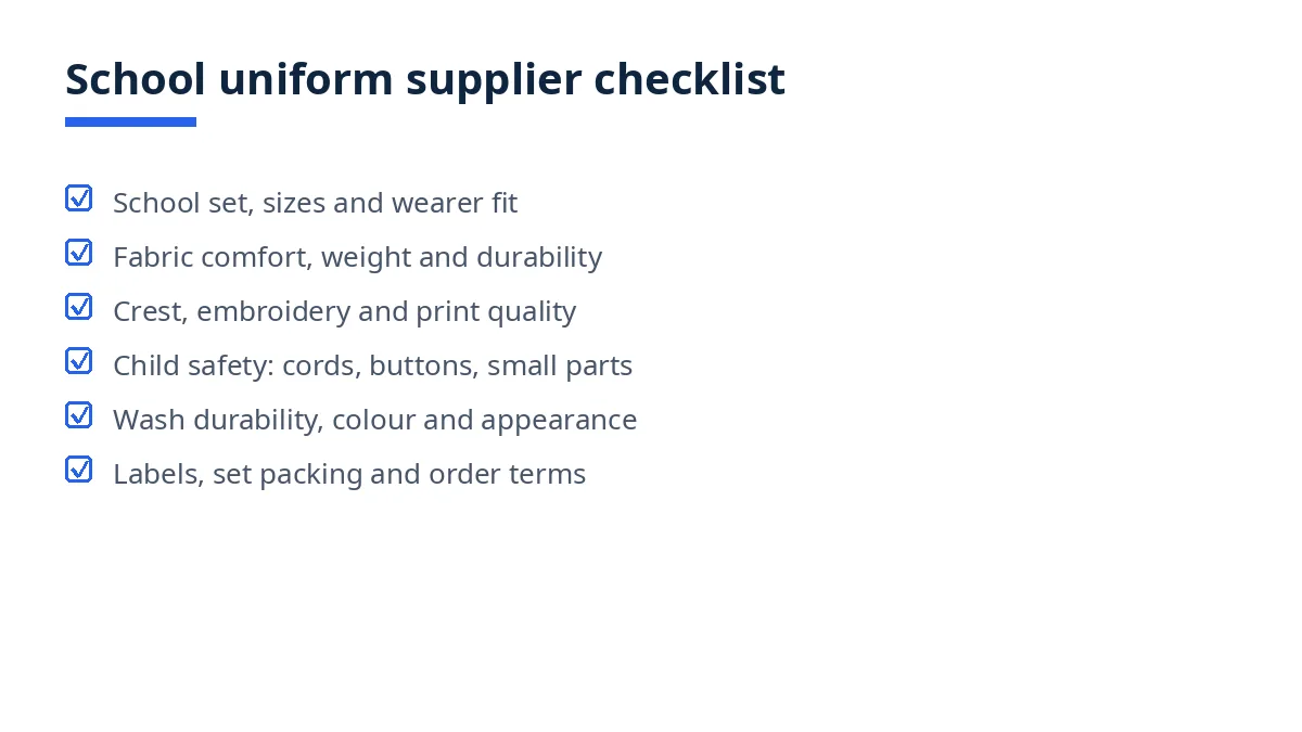 Diagram of the school uniform supplier checklist with six blocks, from set and fit to labels and packing