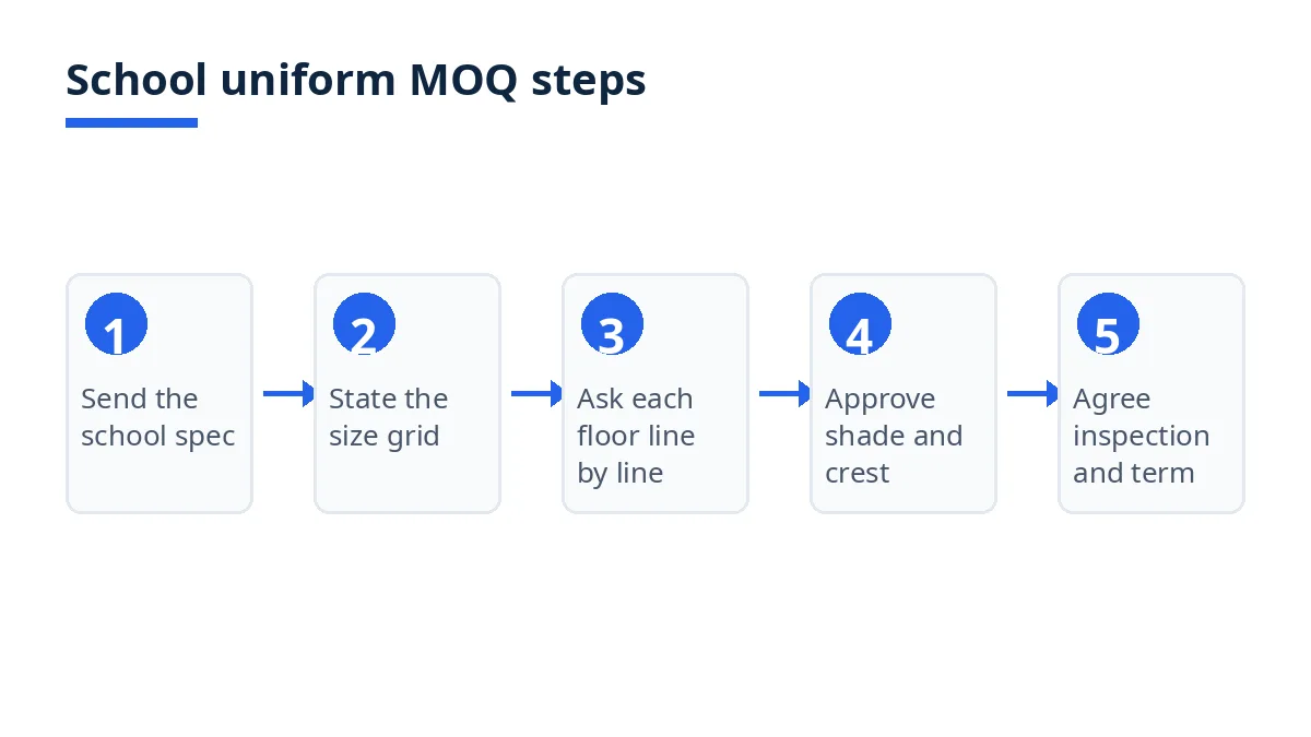 Diagram: five steps for a school uniform MOQ, from school spec to approval