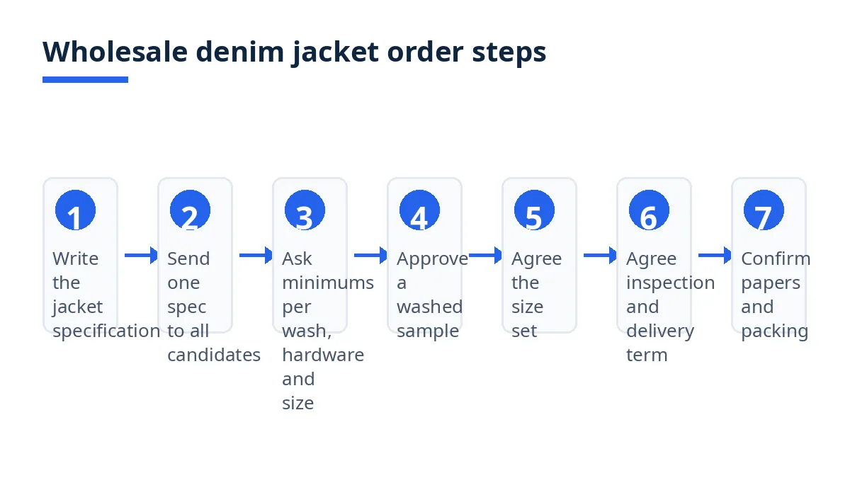 Diagram: seven wholesale denim jacket order steps from specification to shipment